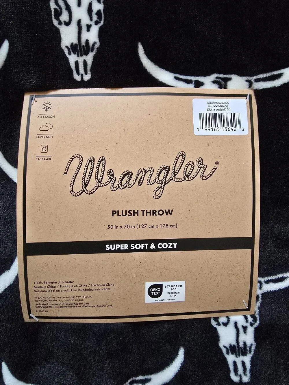 NEW Wrangler Black and White Skull Plush Throw